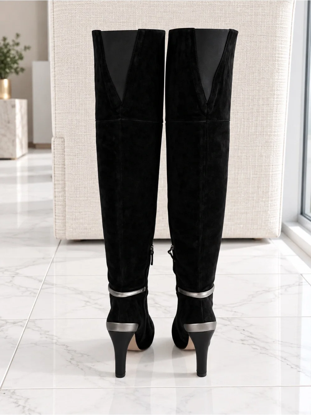 Fendi Black Suede Over-the-Knee Fold-Over Boots – Size 39.5 with silver trim